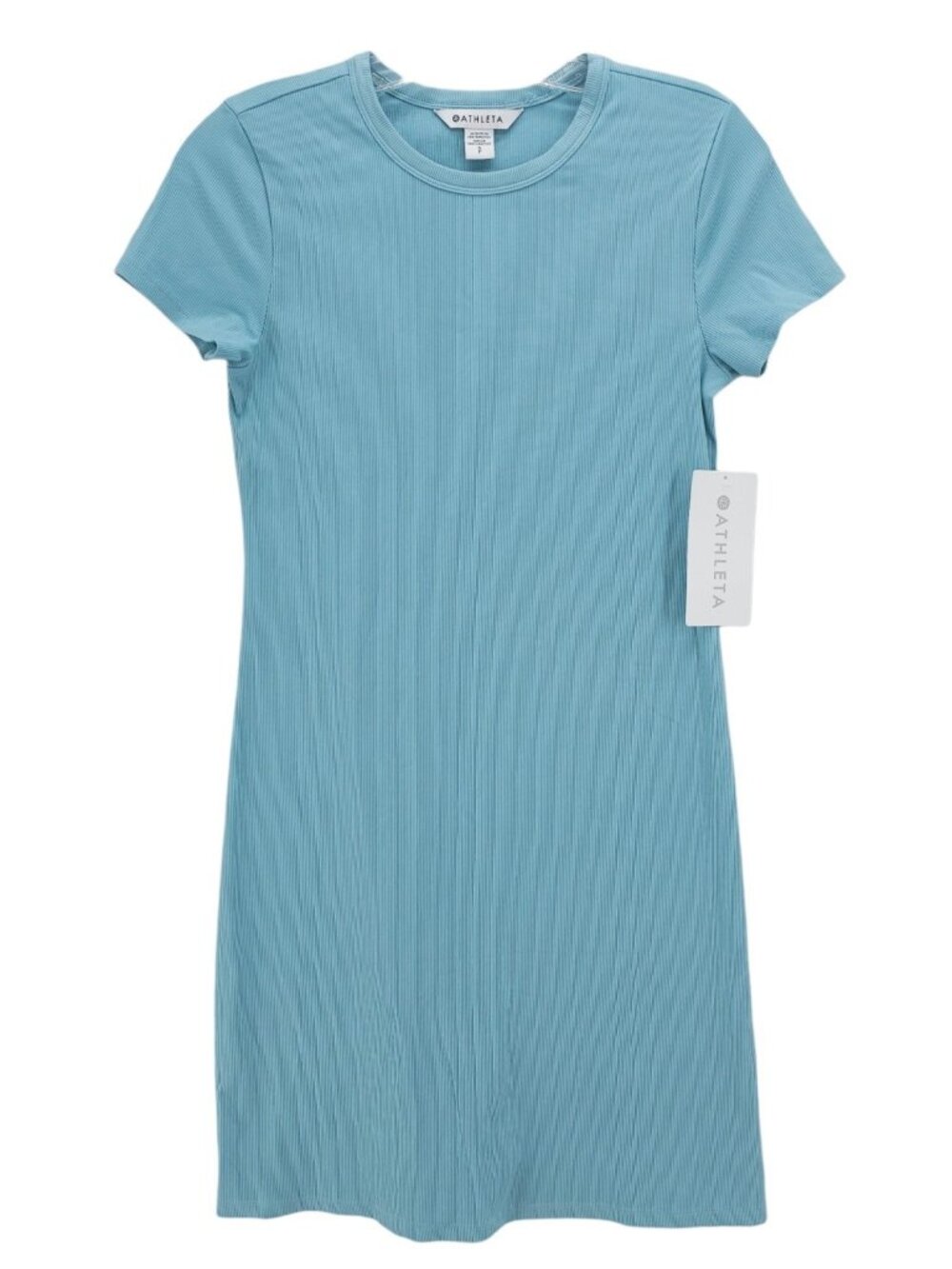 NWT ATHLETA Signature Rib Tee Dress Blue Stretch Short Sleeve Mini Size SMALL